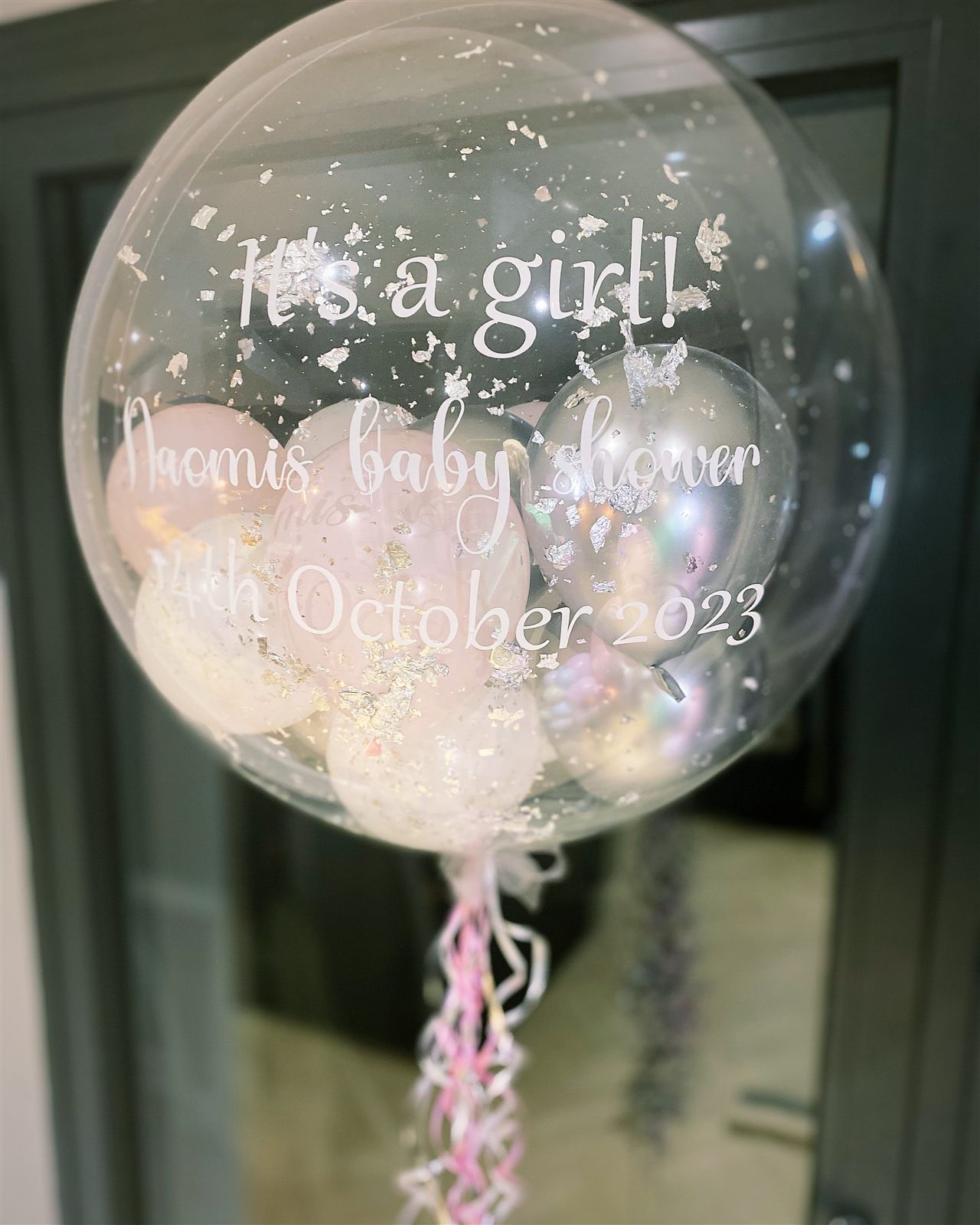 Personalised baby shower bubble balloon with silver confetti